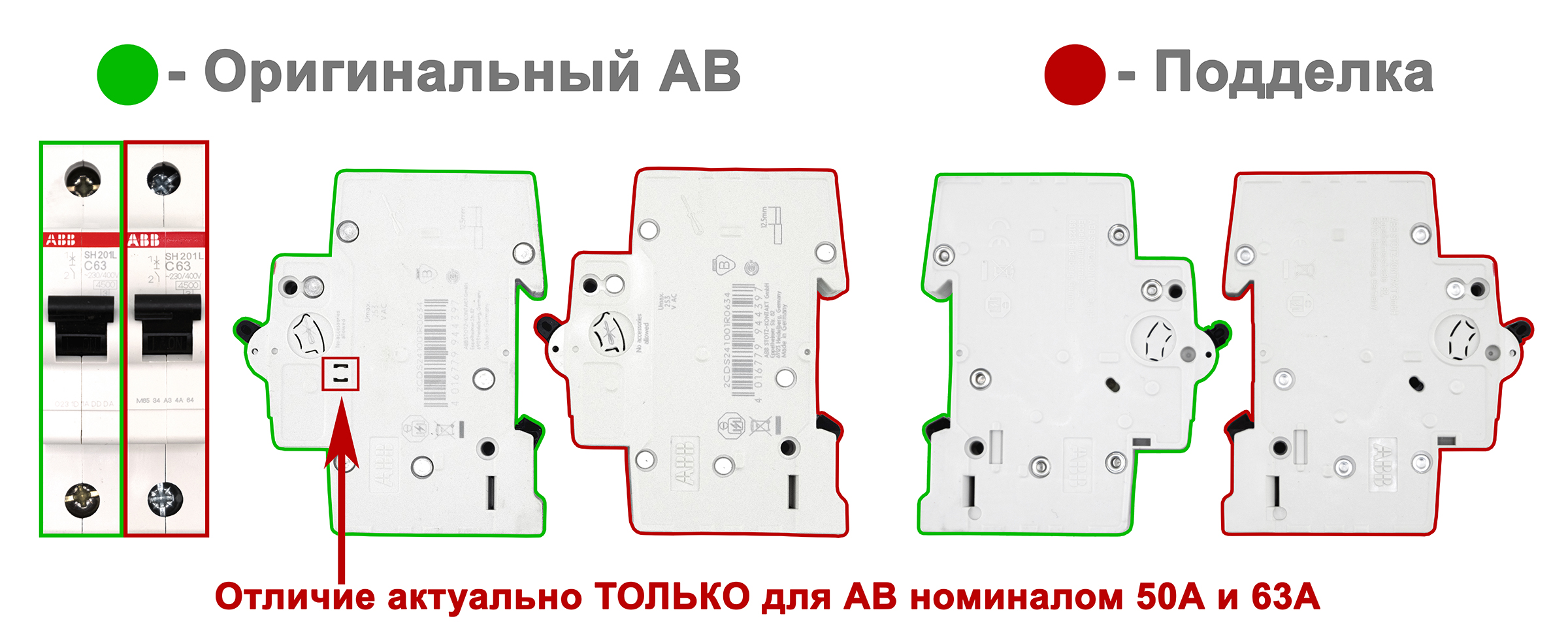 Внешние отличия автоматического выключателя ABB SH от подделки